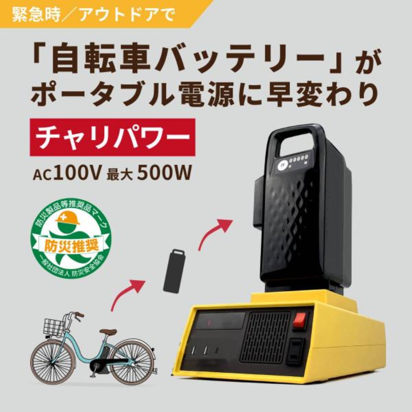チャリパワー 緊急時に自転車バッテリーが100V 電源に